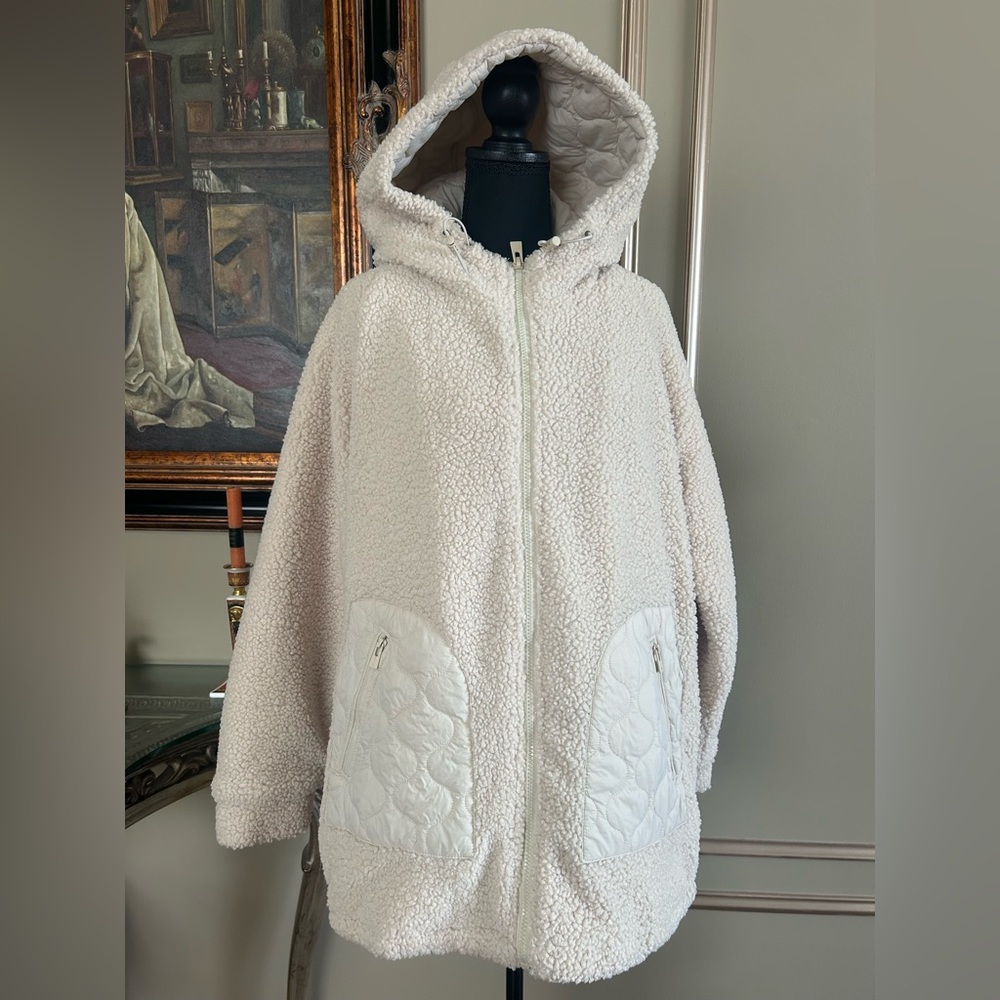 Hurley Cream Sherpa Quilted Hooded Jacket Oversized Cozy Fleece Puffer Hybrid L - Picture 2 of 9